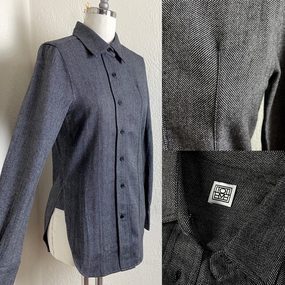 Toteme Tops - Totême Grey Wool Blend Herringbone Fitted Button Up Shirt